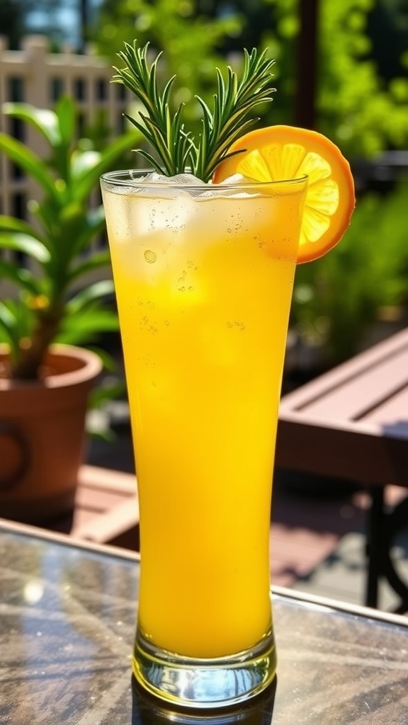 Tequila Fizz cocktail in a tall glass with ice, rosemary garnish, and lemon slice on a patio.